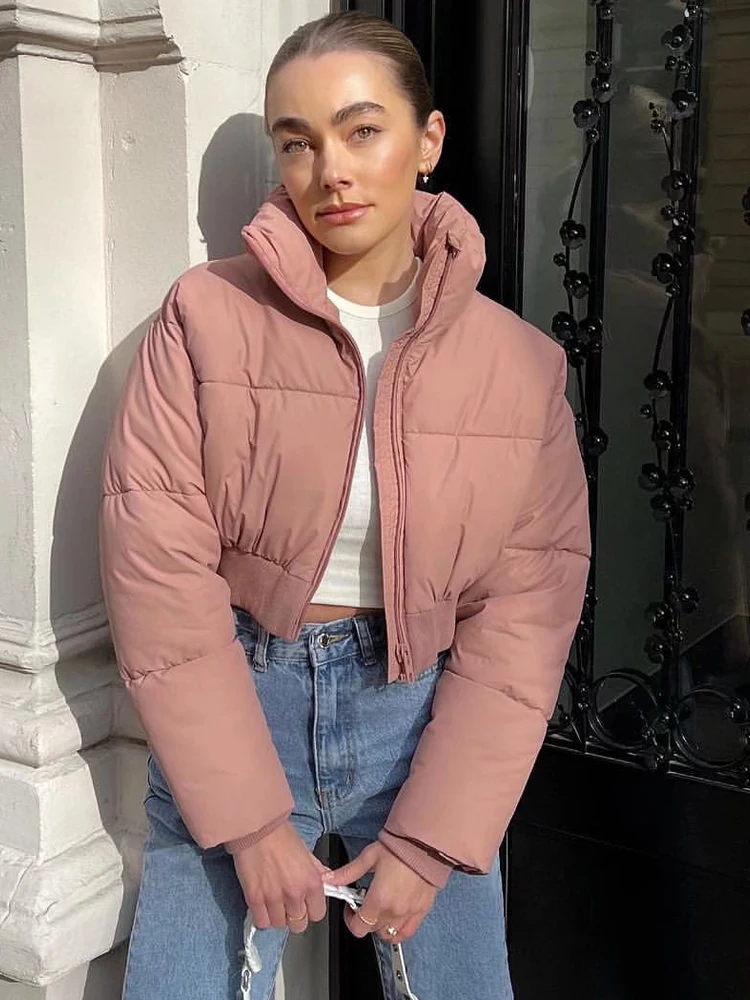 

SLTNX Fashion Short Quilted Jackets for Women 2023 Winter Solid Warm Coat Female Front Zippers Stand Collar New Ladies Outerwear