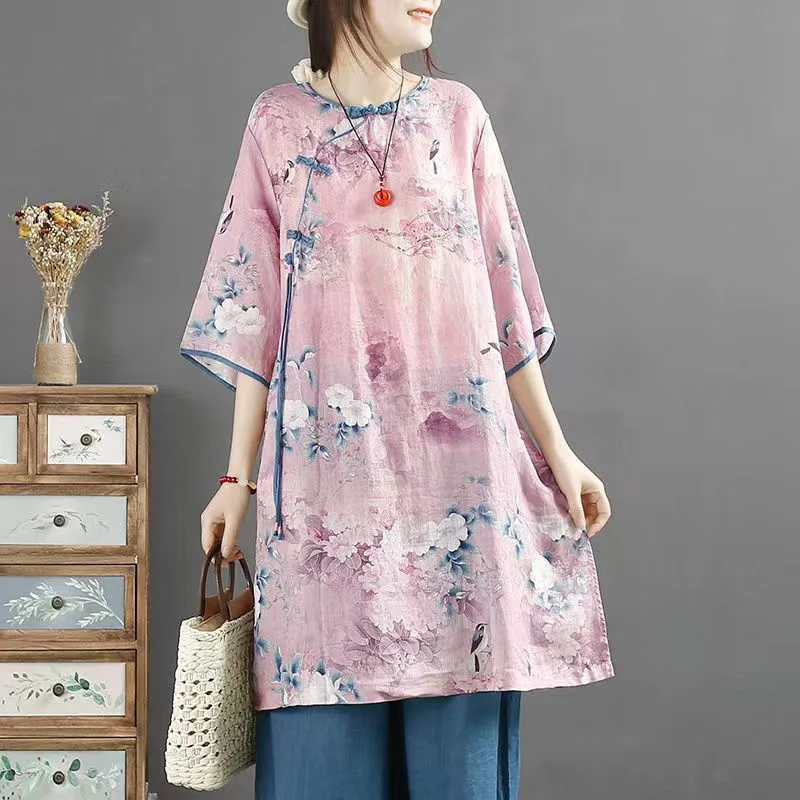 

Cheongsam Top Mid-length Printing Vintage 2022 Summer New Slanted Placket Elegant Shirt O-neck Loose Women Chinese Style Blouse