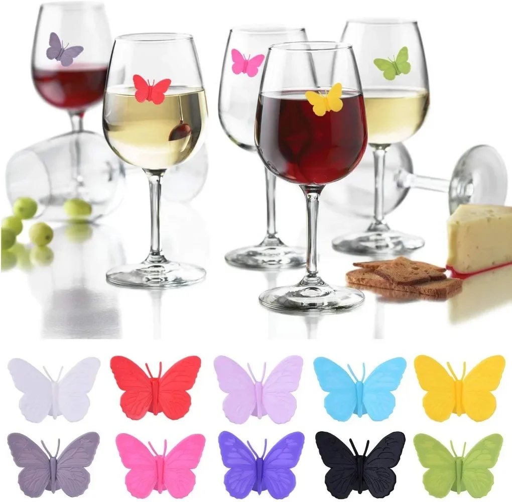 10pcs Wine Glass Markers Silicone Drink Glass Charms Wine Charm Tags Butterfly Suction Cup for Bar Party Family Drink Dinner
