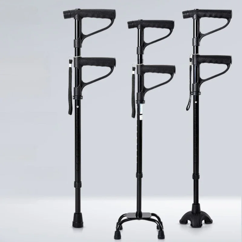Elderly Walking Cane, Four-Legged Adjustable Stick, Anti-Slip Base with LED Light, Portable Walking Aid for Seniors
