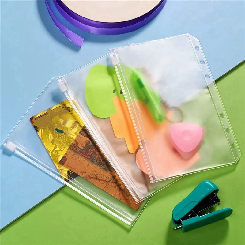 100PCS A6 바인더 포켓 6홀 바인더 파우치 지퍼 폴더 6링 바인더용 PVC 현금 예산 봉투 지퍼 백