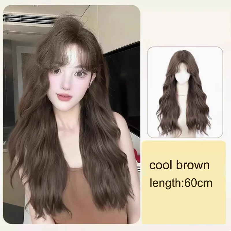 DOLLARUP Popular Cold Brown Ash Long Deep Wave Hair Lolita Wigs With Bangs Synthetic Wig For Women Fashion Thick Curls Wigs Girl
