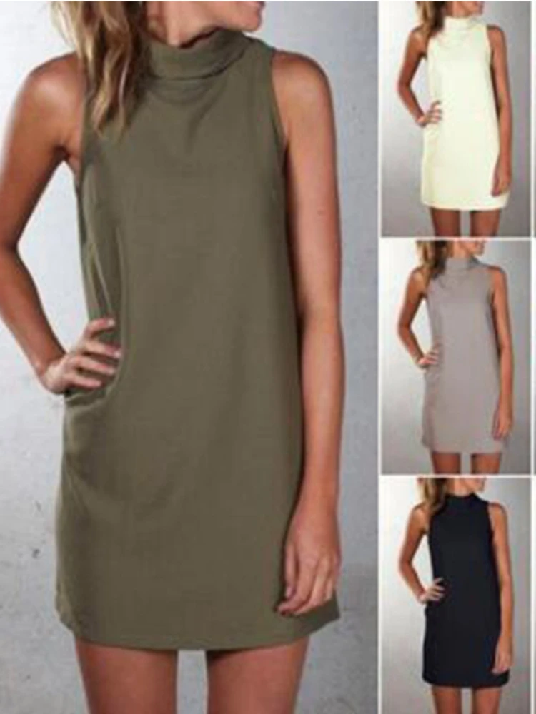 

Sexy High Neck Sleeveless Loose Straight Dress Women Solid Color Causal Skinny Mini Dress Elegant Club Party Vestidos