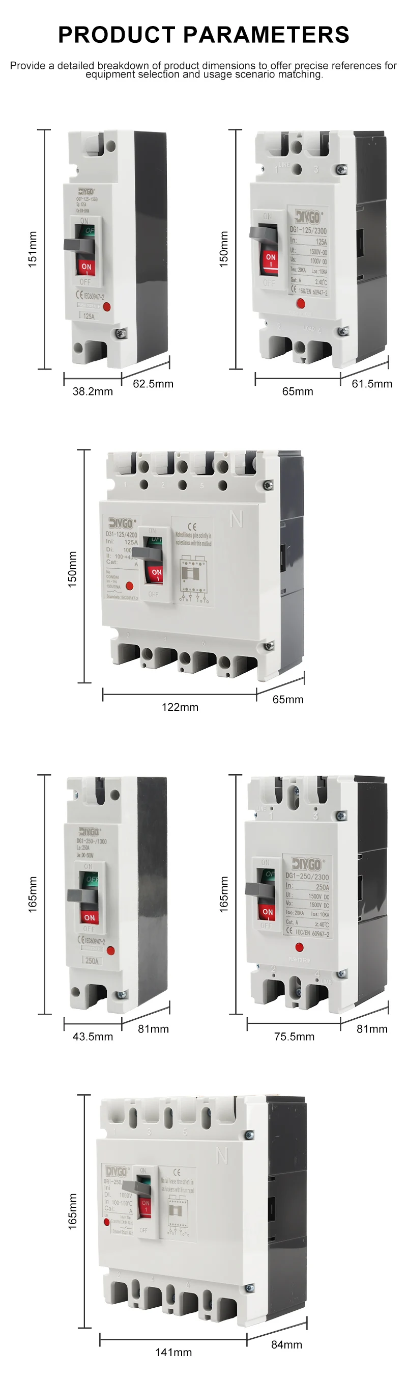 MCCB PV 1000 V DC Kompaktleistungsschalter Überlast-/Kurzschutzschalter Schutz Photovoltaik 150 A 250 A CE-Zertifizierung – Detail 9