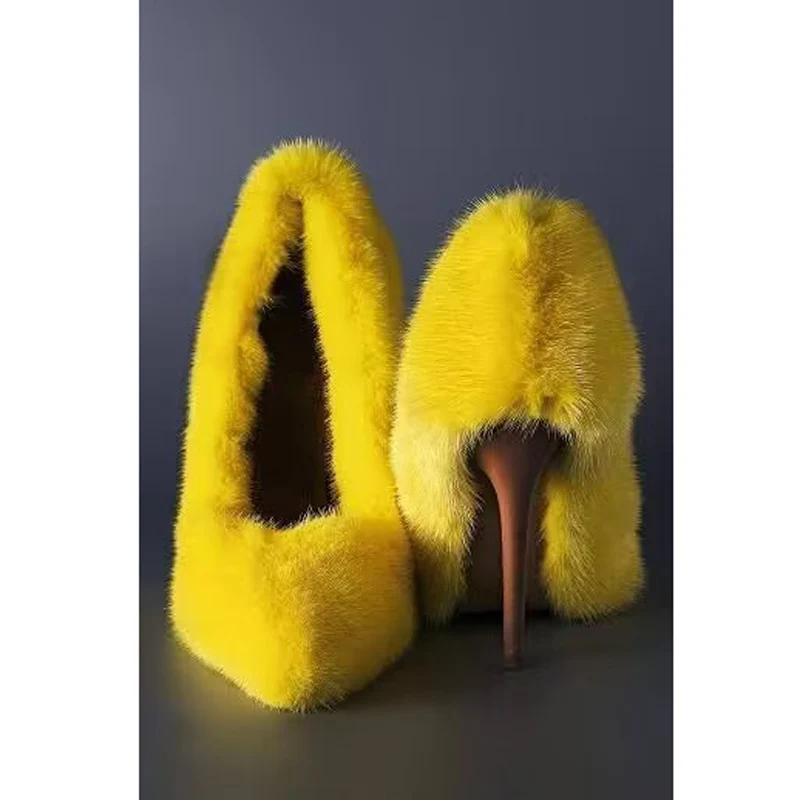 

Туфли-лодочки женские с мехом, шикарные туфли на высоком каблуке, заостренный носок, роскошные Вечерние Нарядные, желтые, оранжевые, на лето