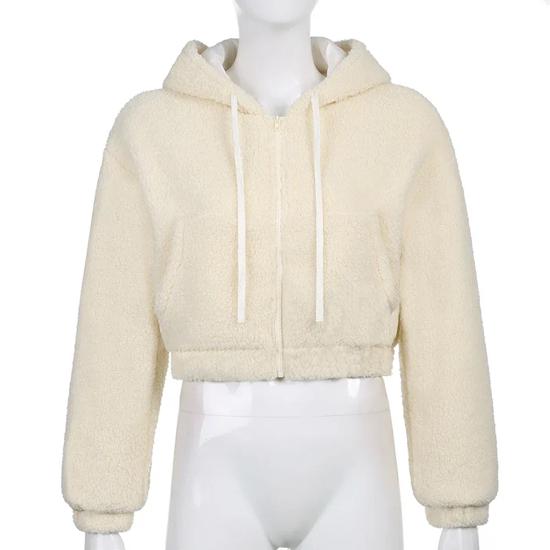 Furry Hooded 3/4 Jacket Zipper Jacket 2024 New Women's Jacket Winter Black Short Jacket 90s Harajuku Korean Women's Wear