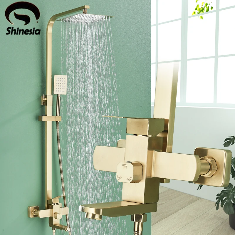 Bathroom Shower Faucet Set Shinesia Brushed Gold Rainfall Shower System Set Tropical Shower Mixer Faucet Tap For Bathroom With Rotate Bathtub Spout