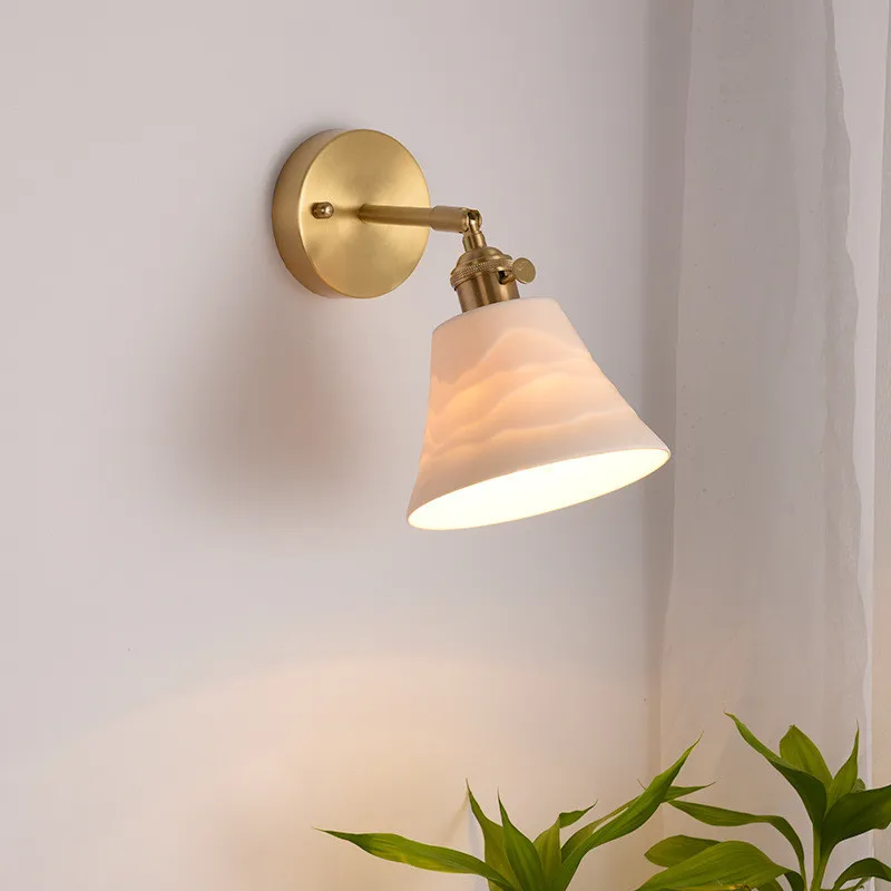 

European brass mirror front wall lamp Nordic simple bedroom bedside retro Japanese tea room ceramic wall lamp