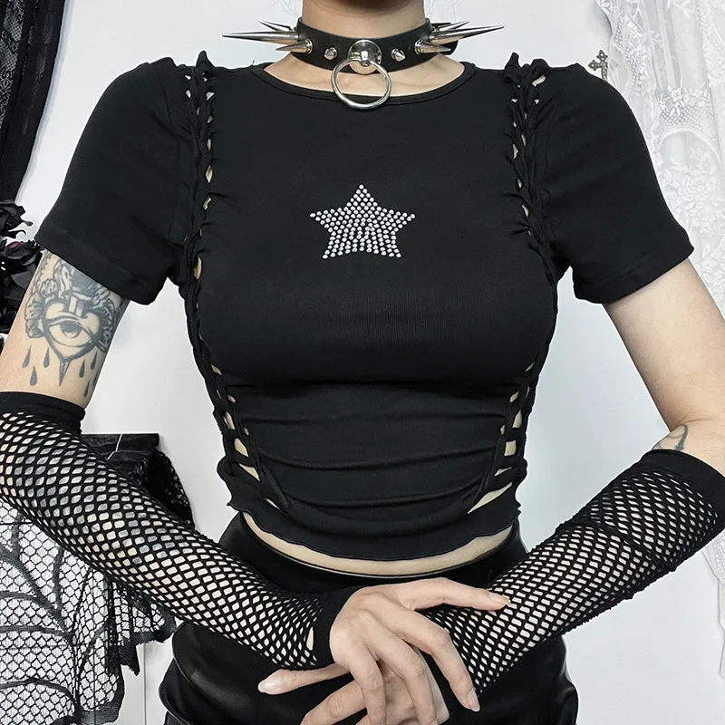 Goth Dark Casual Streetwear Rhinestone T-Shirts Mall Gothic