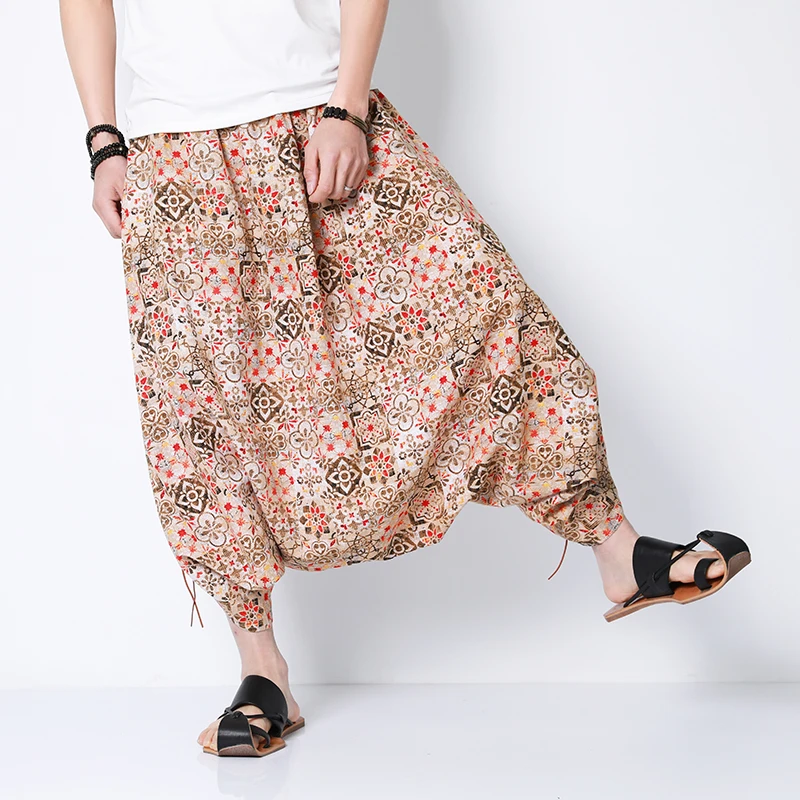 

2023 Summer Men Cotton Linen Harem Pants Men Hiphop Wide Leg Pants Big Drop Crotch Boho Dance Trousers Nepal Pantalon Hombre