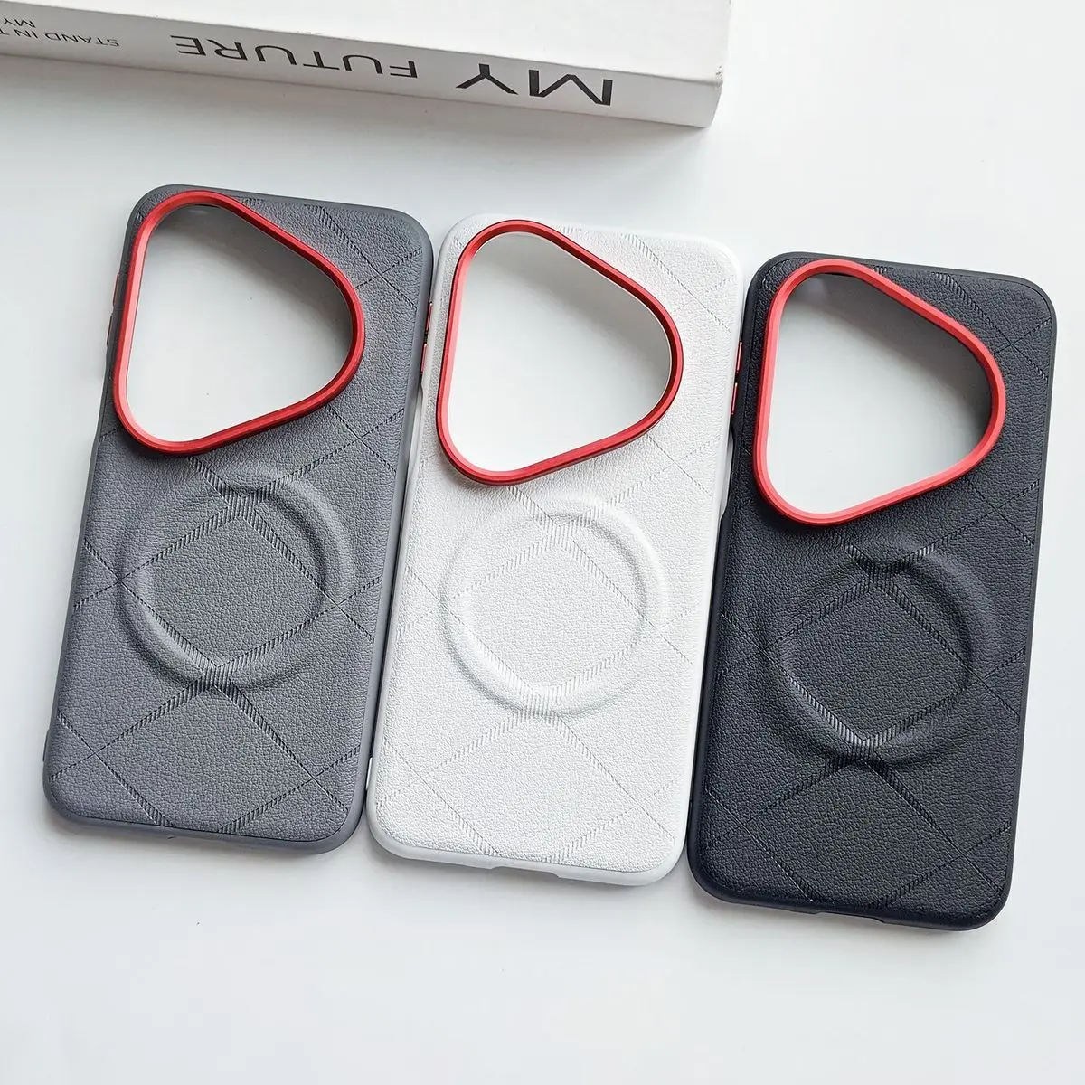 Huawei Pura 90 Pro Max Shockproof PU Leather Case with Magnetic Metal Button and Camera Lens Ring