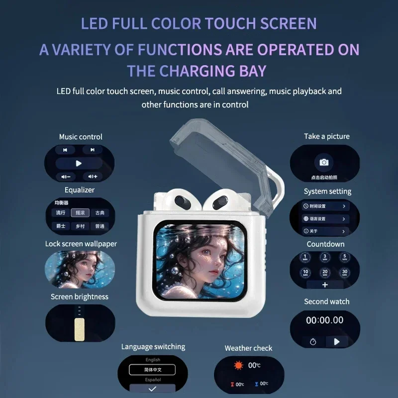 

Headphone LED Color 2024 Wireless Touch Control Half in Ear Sports Screen Earphones Bluetooth 5.0 Active Noise Cancellation True
