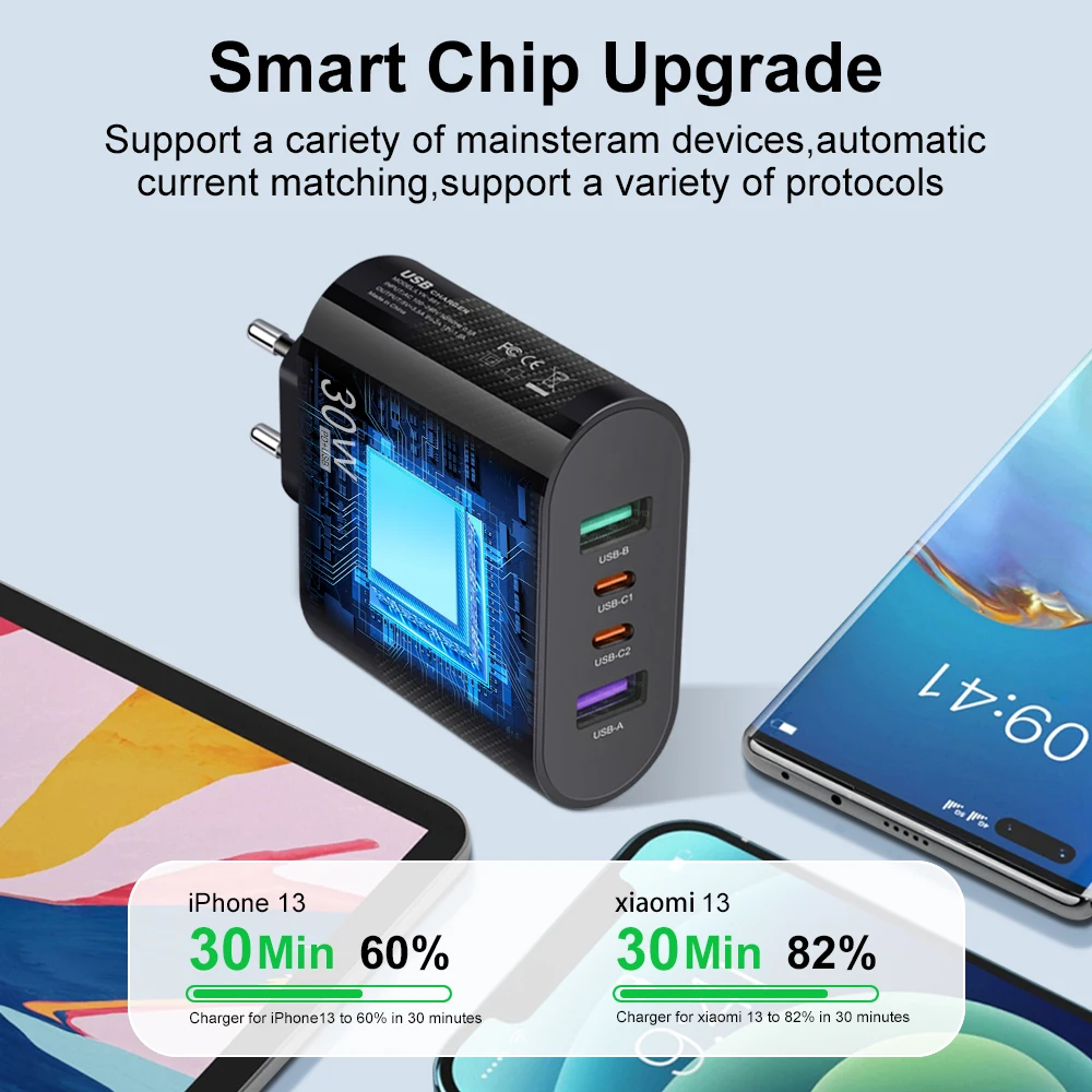 30W USB 4 Ports Fast Charging Quick Charge 3.0 Portable Wall Mobile Phone Charger Adapter For iPhone 15 14 Samsung Huawei Xiaomi