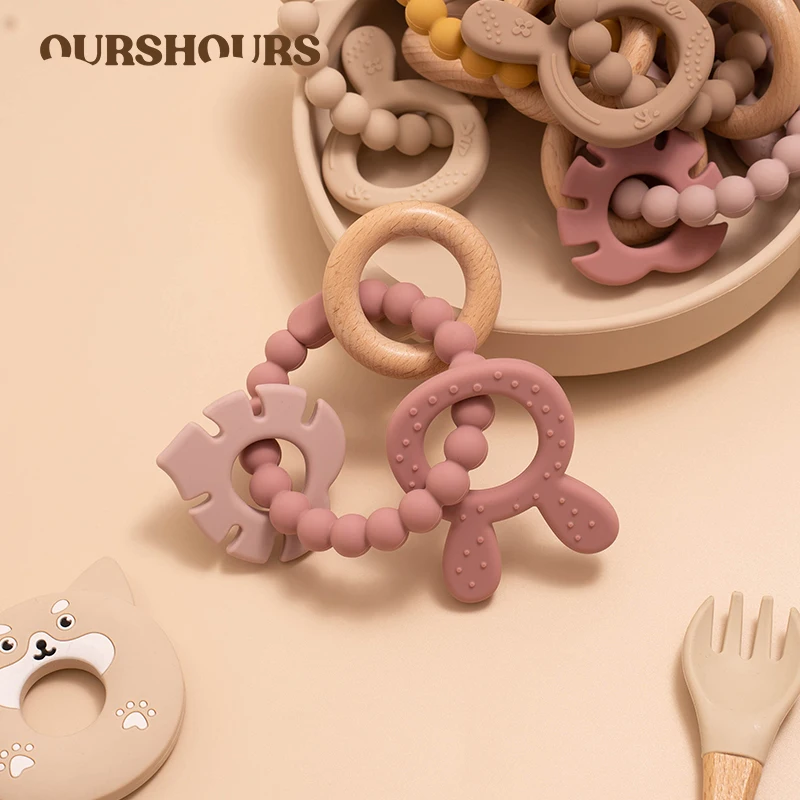 

4 in 1 Baby Wooden Rattle Ring Teething Toy Food Grade Silicone Infant Rabbit Leaves Teether for Newborn Sensory Toys BPA Free