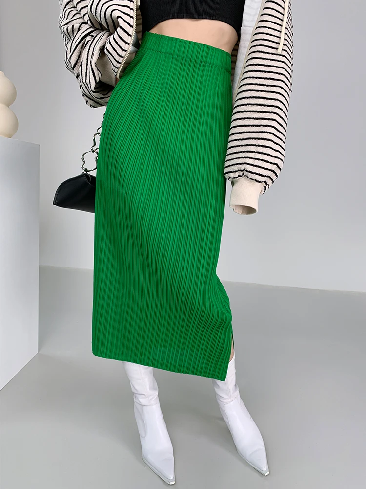 

Green Sanzhai Pleated High Waist Half Skirt Women's 2023 Summer Comfortable Split Elastic Mid Length Wrapped Hip Skirt Y2k