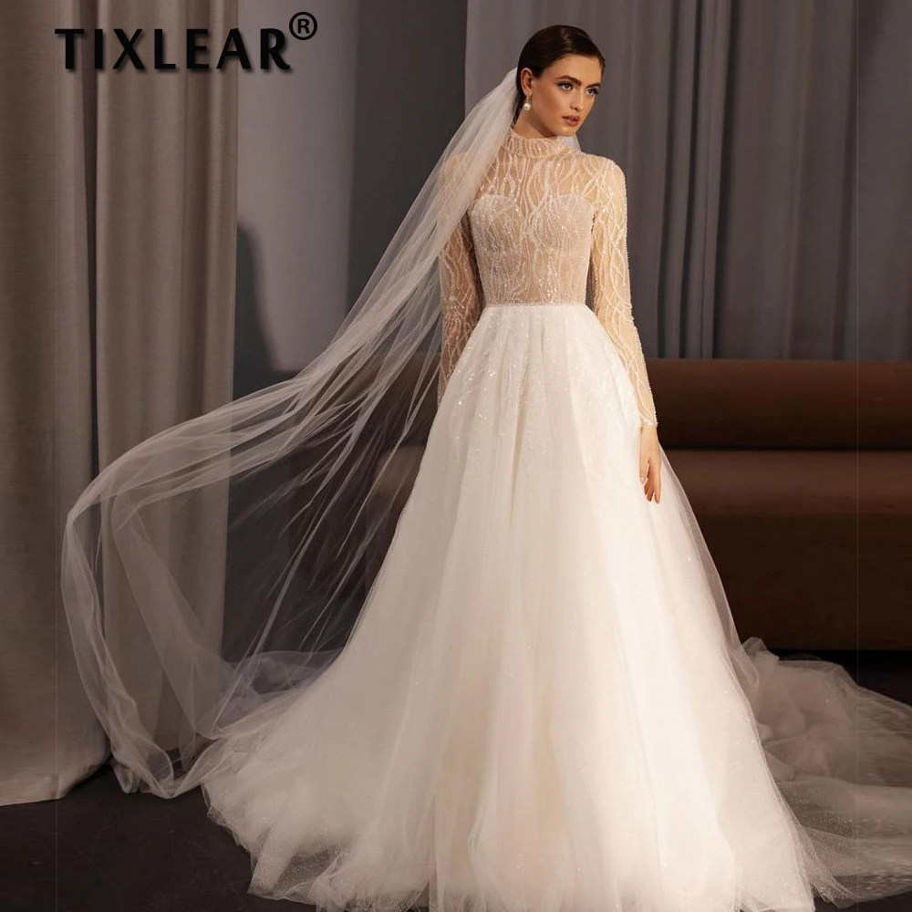

Женское свадебное платье с блестками TIXLEAR, платье принцессы с высоким воротником и длинными рукавами, свадебное платье на пуговицах