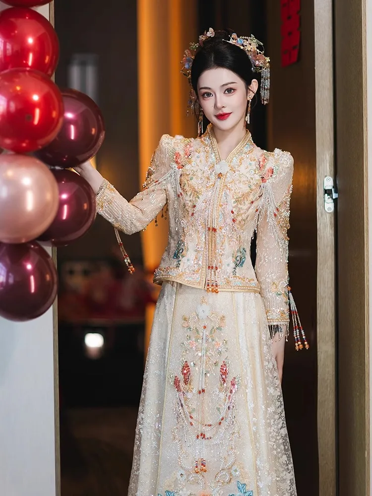 Champagne Xiuhe Dress Bride's Dress 2025 New Chinese Wedding Dress Wedding  Toast Dress Female Qipao - AliExpress 200000532