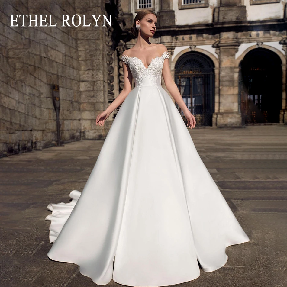 

ETHEL ROLYN Satin Wedding Dress 2023 Off the Shoulder Appliques Court Train A-Line Bridal Gown Vestidos Elegantes Para Mujer