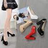 Comemore Round Toe Slip-On Square Heeled Pumps High Heel Patent Leather Ladies Zapatos Mujer 2025 Plus Size 43 Women Dress Shoes