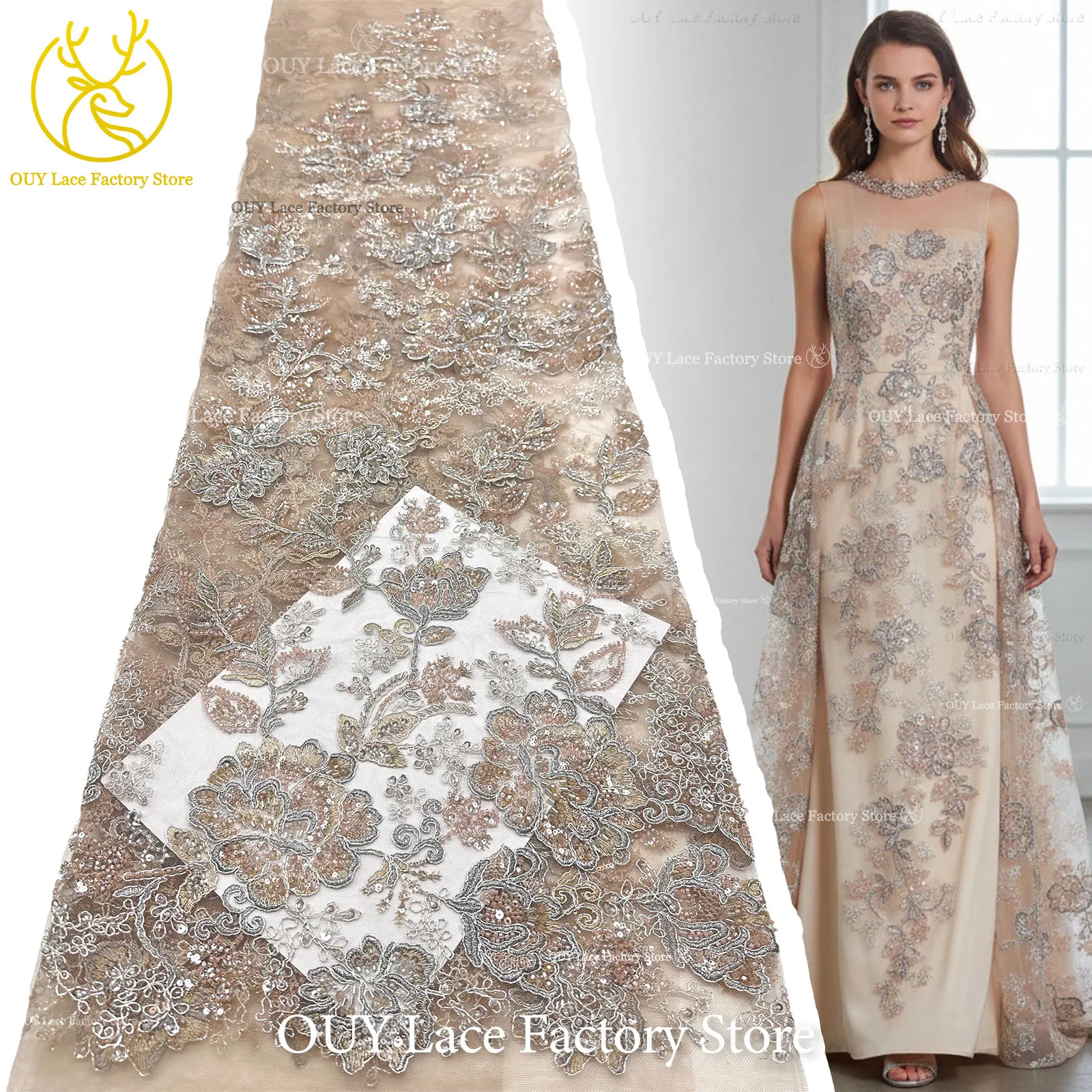 Tessuto in Pizzo Ricamato a Mano di Alta Qualità con Fiori e Perline, Tessuto in Pizzo Africano con Paillettes per Abiti da Sposa - immagine 2