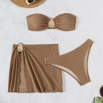 Brown Solid Swimwears Strapless Bandeau Bikinis Sets 3 Pieces Cover Up Sexy Swimsuit Woman 2026 Metal Buckled Bikini Beachwear