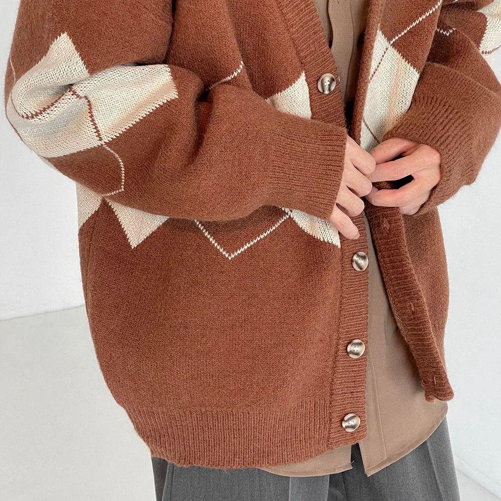 Men's Brown Y2K Knit Sweater Cardigan Retro Winter Blouse Outerwear Knitwear Korean Autumn Clothes Male