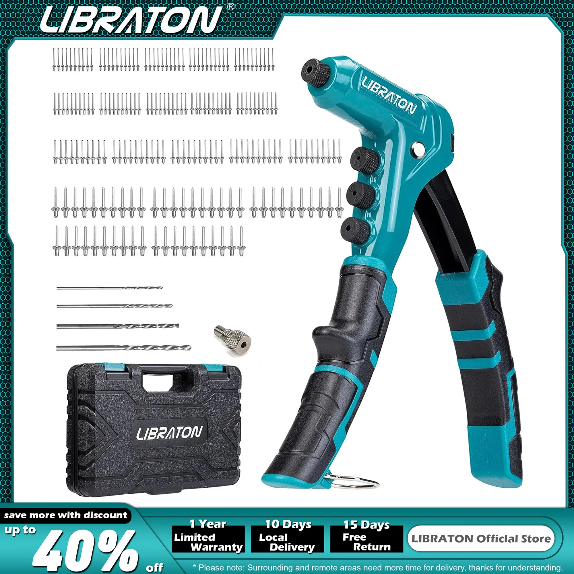 Libraton One-Handed Rivet Gun Pop Rivet Gun Set Professional Hand Riveter Manual Riveting Tool 200 Rivets Metal