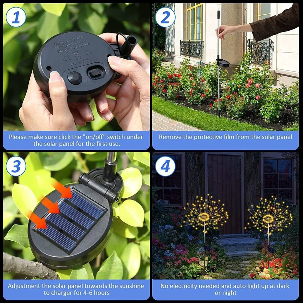 Solar Powered Sparkle Lawn Lights Outdoor Garden LED Dandelion String Lights Firework Design for Landscape Wedding Party Decor