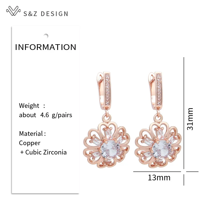 S&Z DESIGN New Fashion Round Cubic Zirconia Flowers Dangle Earrings For Women Party Jewelry 585 Rose Gold Color Eardrop Gift