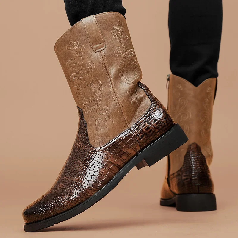 

Fashion Trends Business Long Boots Mens Leather Crocodile Pattern Riding Denim Boots High Top Work Boots Brown Side Zipper Boots
