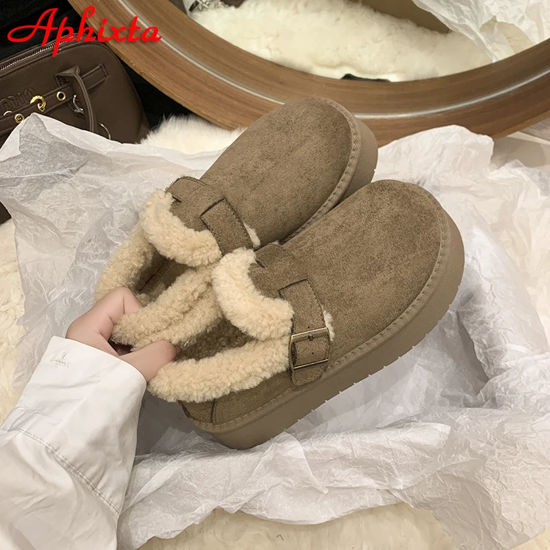 APHIXTA 2025 Camel Platform 4.5cm Thick Sole Shoes Women Winter Plush Snow Boots Woman Warm Ankle Boots Buckle Size 35-40