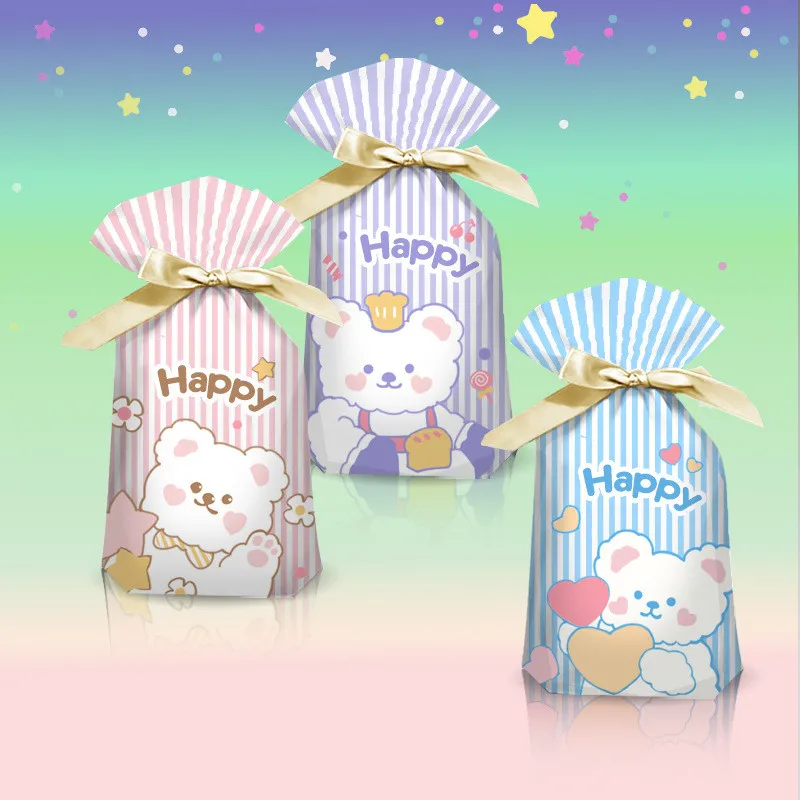 

50Pcs Cartoon Bear Printed Cookies Biscuit Packaging Nougat Ribbon Drawstring Baking Snowflake Pastry Birthday Gift Bags