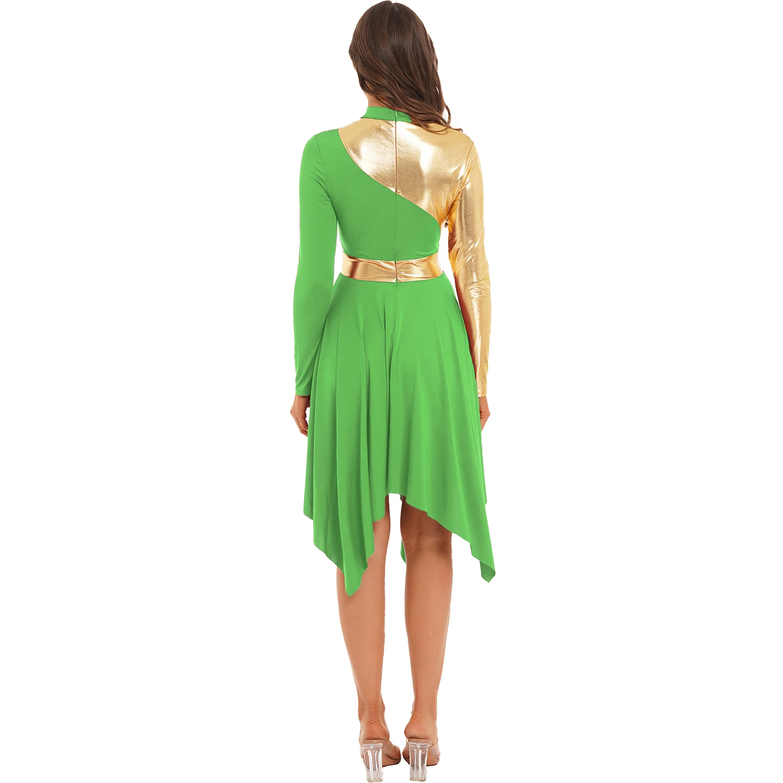 Womens Ballet Lyrical Dance Performance Costume Praise Etiquette Dance Dress Long Sleeve Modern Overlay Dress Waist Wrap