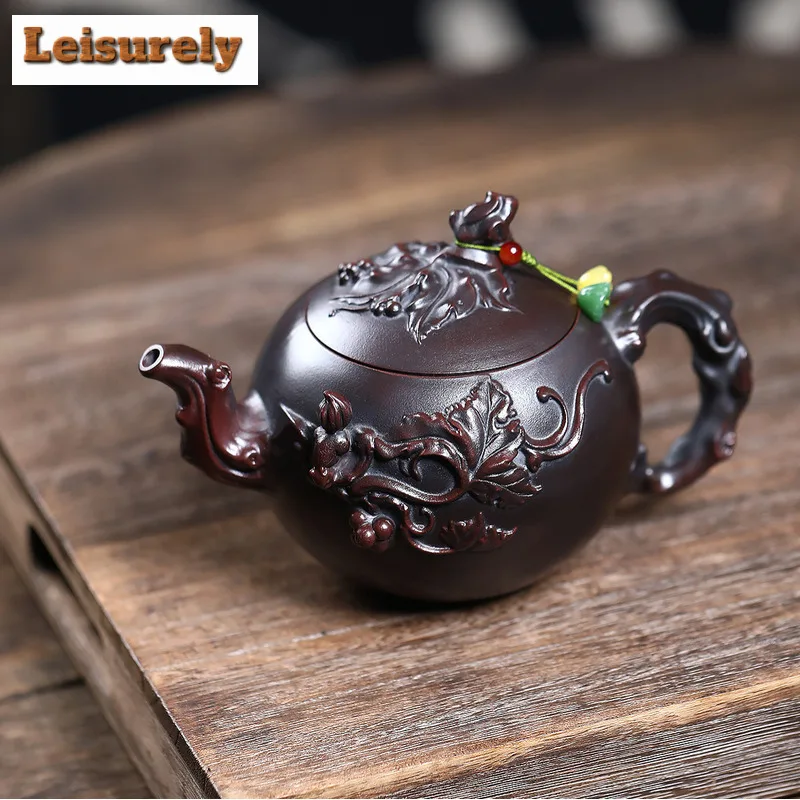 410ml Yixing Purple Clay Teapots Handmade Grape Pot Raw Ore Antique Brass Mud Kettle With Strainer Chinese Zisha Tea Set Cafe
