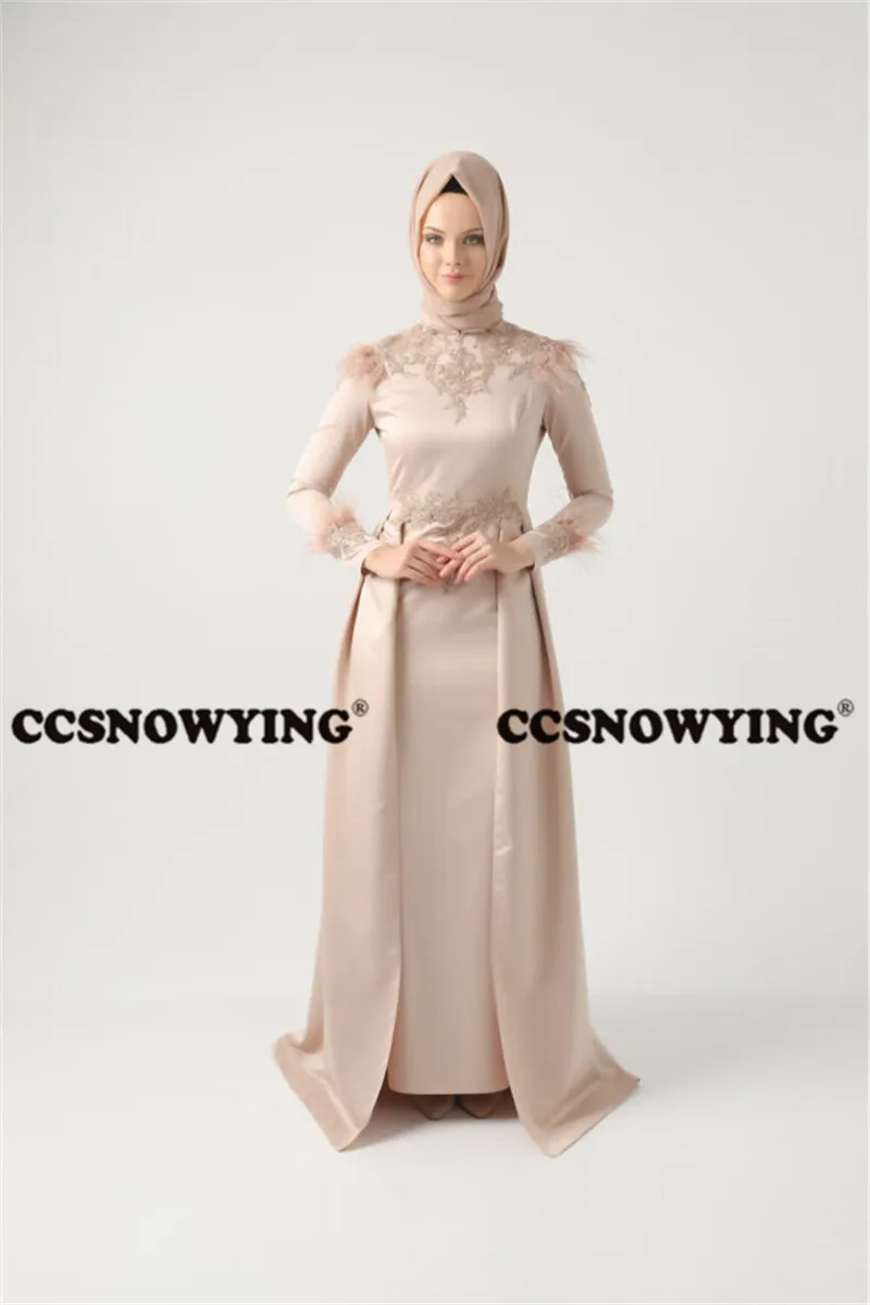 

Satin Appliques Feathers Long Sleeve Muslim Evening Dresses Islamic Hijab Formal Party Gown Arabic Kaftan Women Robes De Soirée