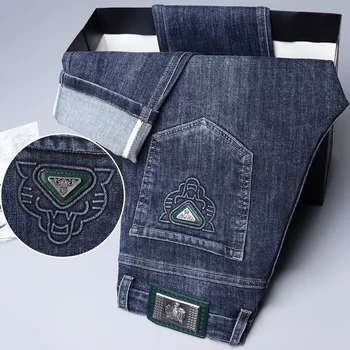 2024 Four Seasons Fashion Brand Straight Leg Jeans Men Business Casual Loose Stretch Long Pants Trousers 1