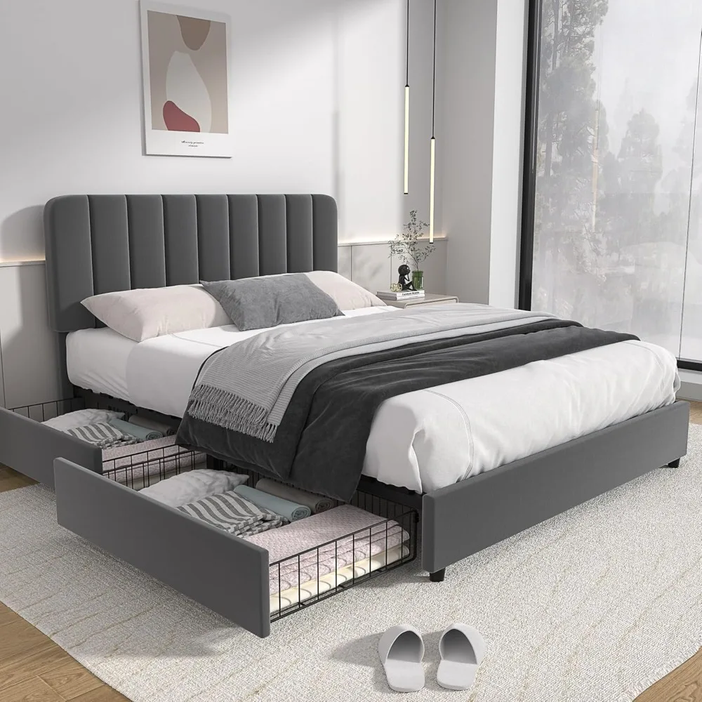 

Queen Size Upholstered Bed Frame with 4 Drawers and Adjustable Headboard, Velvet Platform Storage Bedframe Mattress Foundation