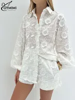 Oymimi Summer White Cotton 2 Piece Sets Women Outfit Casual Jacquard Button Wrist Sleeve Shirts And High Waist Shorts Female Set