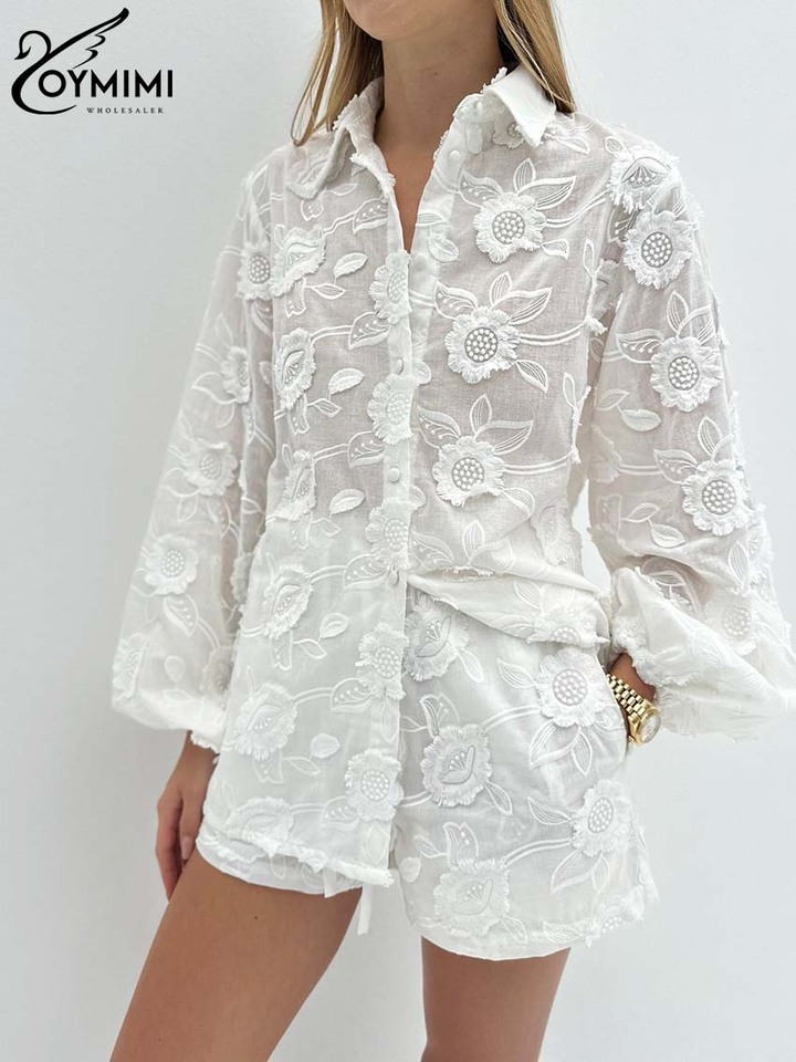 Oymimi Summer White Cotton 2 Piece Sets Women Outfit Casual Jacquard Button Wrist Sleeve Shirts And High Waist Shorts Female Set