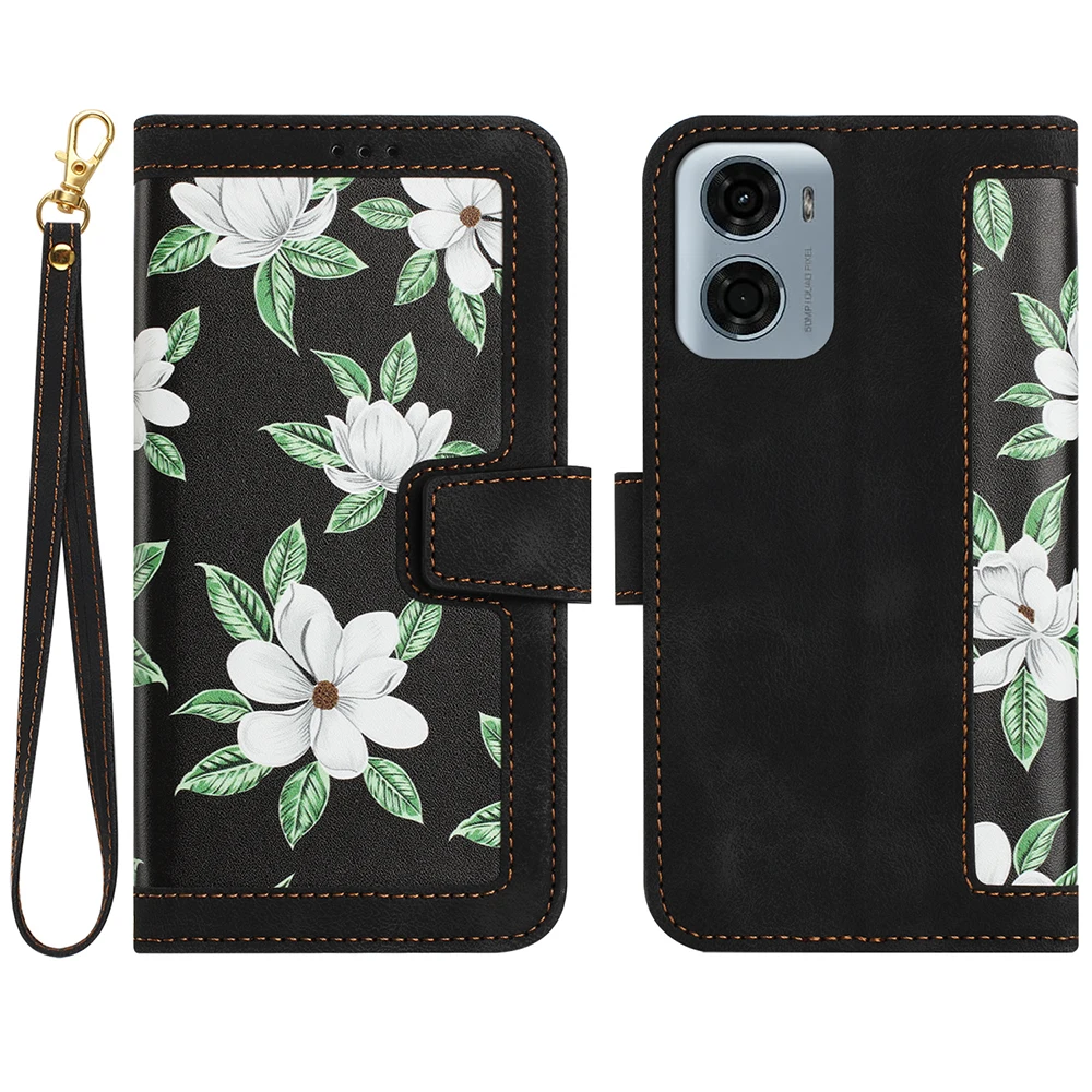 Elegant Leather Flip Wallet Case with Floral Design and Card Slot