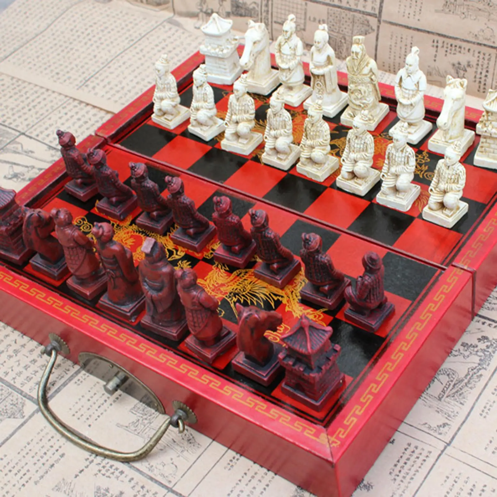 Classic Chess Set with Storage Drawers 32 Resin Chessman for Family Teens