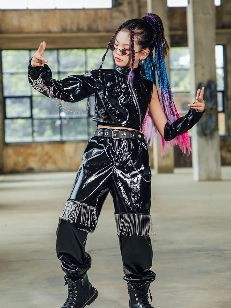 

Girls Jazz Dance Performance Clothes Children Model Catwalk Show Leather Suit Kid Hip-Hop Street Dance Practice Clothing