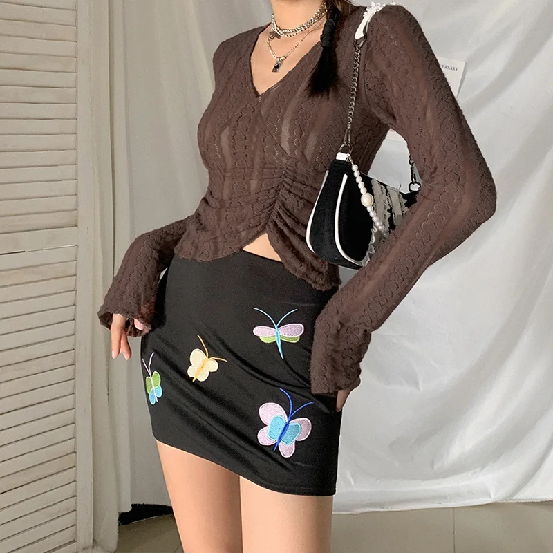 

Mesh See Through T Shirt Brown Women Sexy 2023 New Autumn Solid Flared Long Sleeve V Neck Y2k Fashion Slim Commute Tops tee