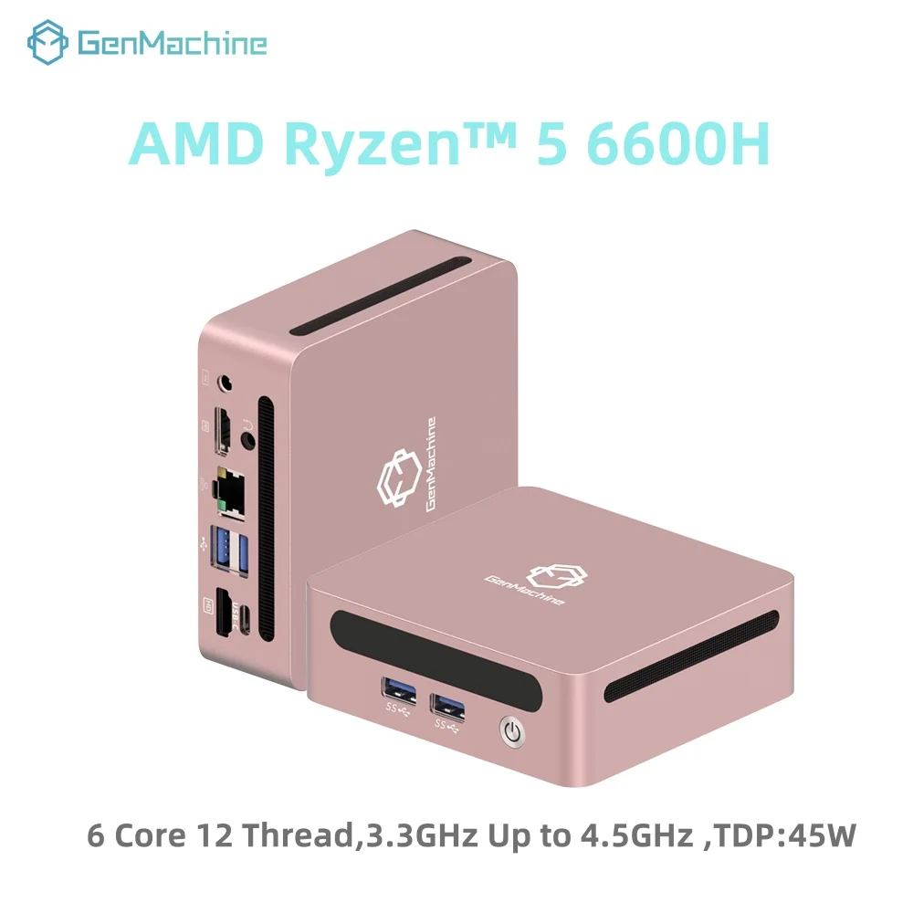 GenMachine Mini PC AMD R5 6600H 6-ядерний 12-потоковий 4,5 ГГц 15 Вт 16 ГБ LPDDR5 6400 МГц 512 ГБ PCIe 3.0 SSD WiFi 6 BT5.2 Настільний комп’ютер