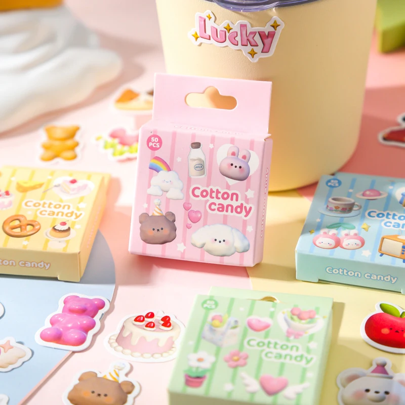 50 fogli Kawaii Boxed Stickers Cotton Candy Series Cartoon Small Pattern Seal Stickers per la decorazione del conto della mano del diario