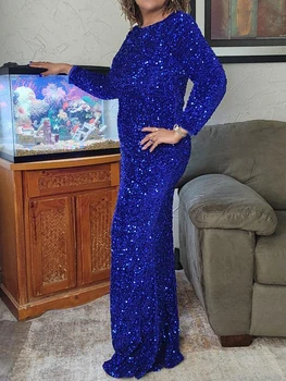 Romagic Elegant Women Modest Stretch Sequin Royal Blue Wedding Prom Gown Long Sleeves Mermaid Formal Evening Party Dress 2024 2