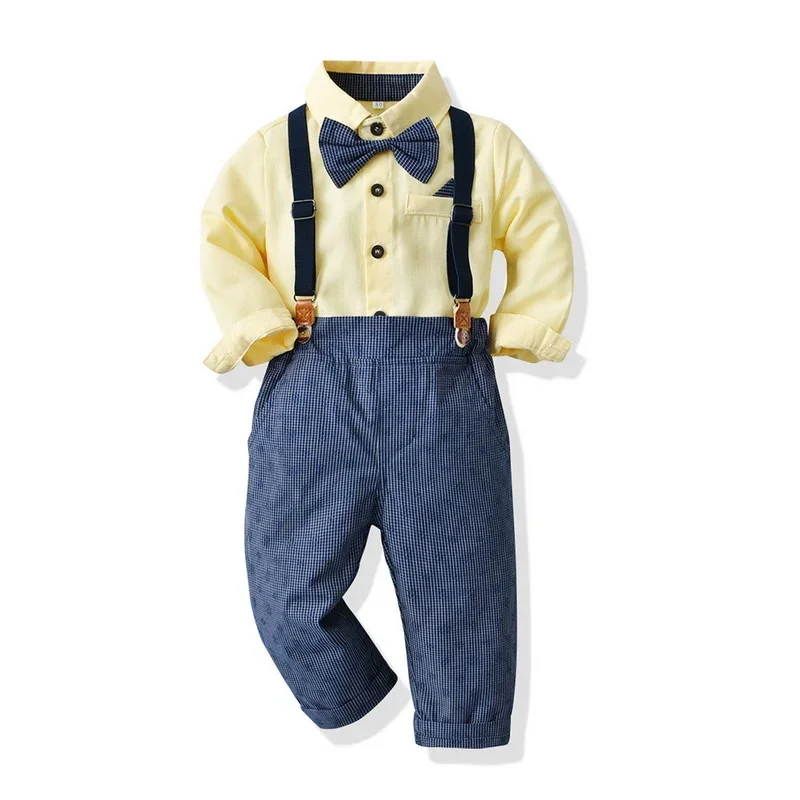 New Spring Boy 2pcs Sets Long Sleeves BowTie Golden Yellow Shirts+Striped Sling Pants British Gentleman Child Clothes E1704