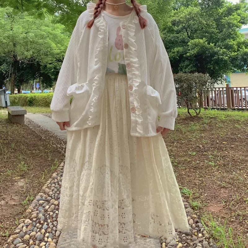 Japanese Autumn New Preppy Style Sweet Coat Girl Kawaii Ruffles Corduroy Lantern Sleeve Single Breasted Loose Cardigan Coats Y2k