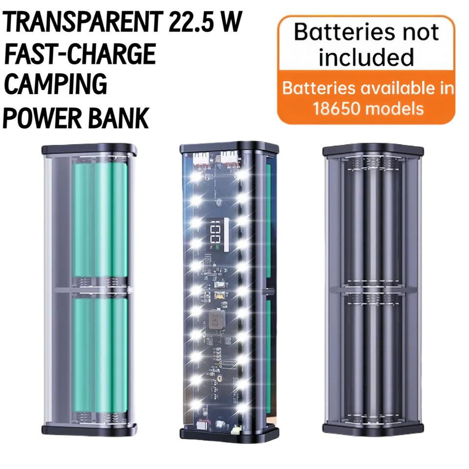 Transparent 6*18650 Power Bank Case 22.5W Fast Charging Powerbank Case LED USB Type C Port Battery Storage Box For Huawei Xiaomi