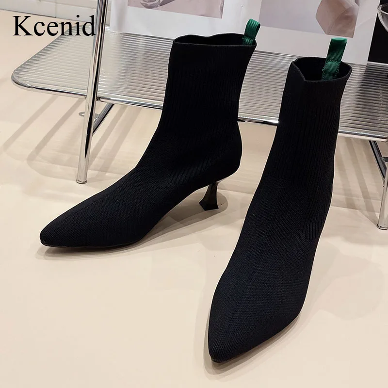 

Kcenid новые женские носки обувь стрейч трикотажные женские ботильоны с острым носком на высоком каблуке без шнуровки пикантные черные туфли на каблуке